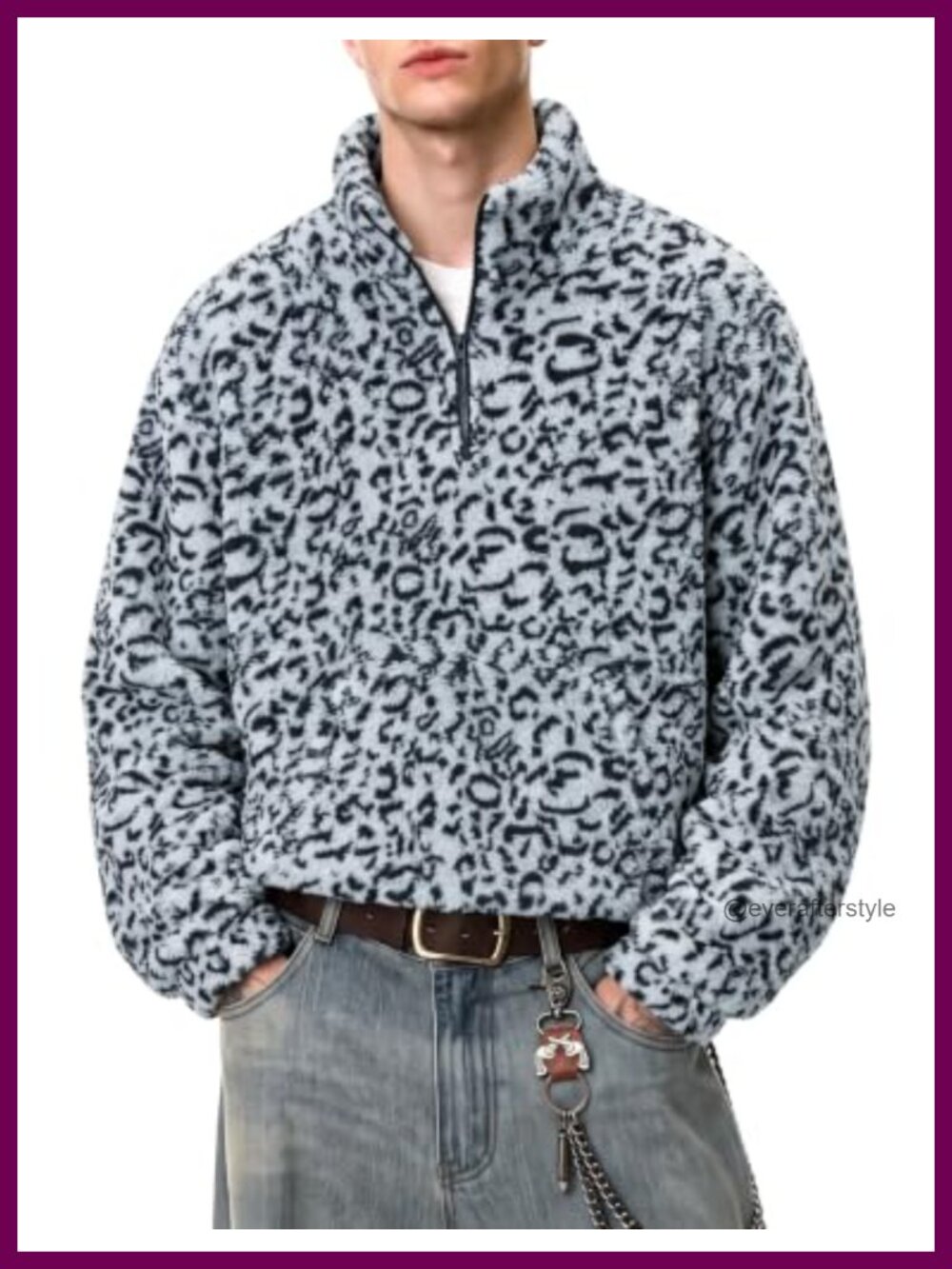 Mens Sherpa Fleece Quarter Zip Pullover Oversized Leopard Print Sweatshirt